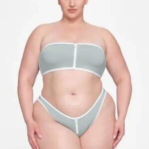 SKIMS Sporty Zipper Swim Bandeau Bikini Top Pacific Grey NWT Large